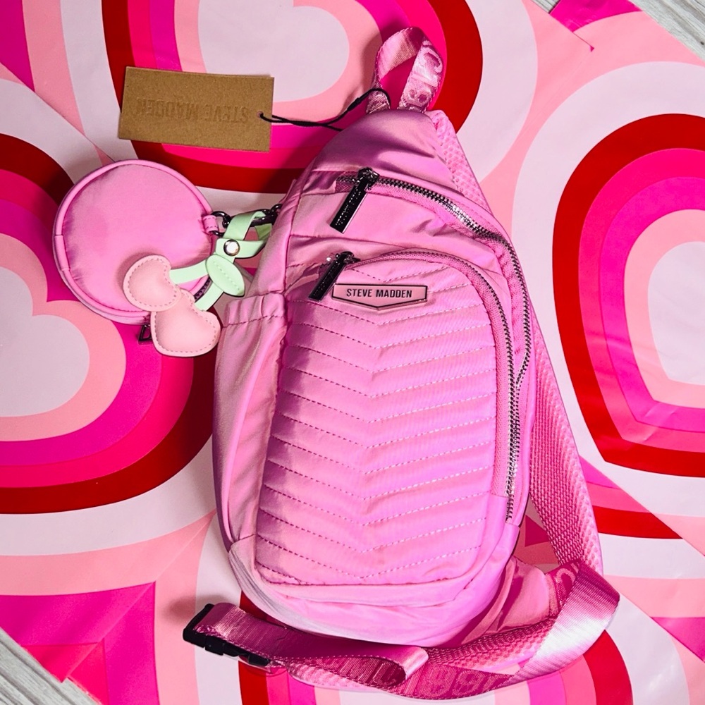 🆕 Steve Madden Quilted Sling Backpack With Mini Pouch & Cherry Charm NWT 🎒